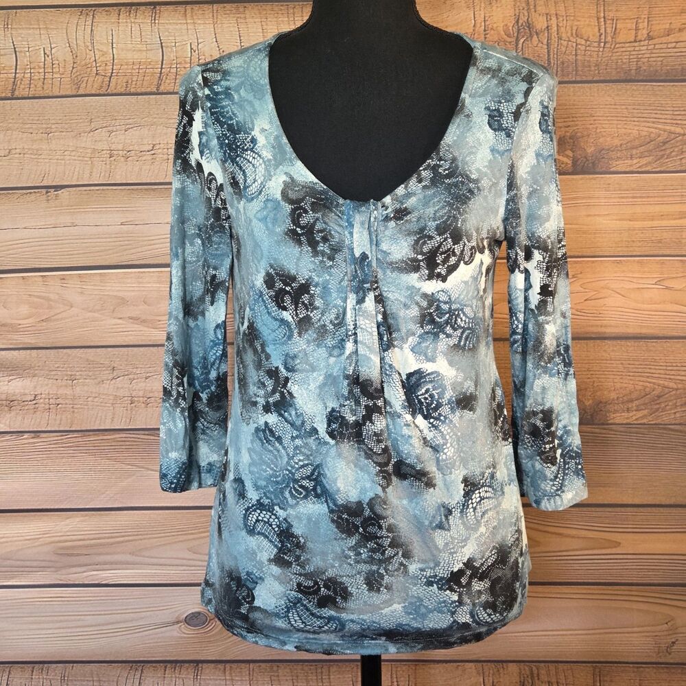 Chico's Womens Abstract Blue And Black 3/4 Sleeve Top Size 0 (small)
